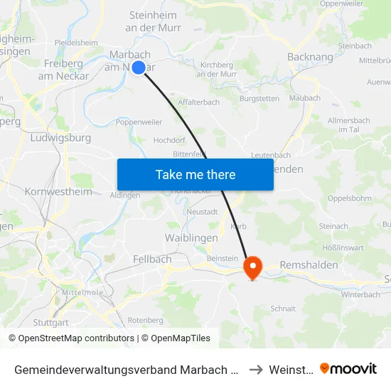 Gemeindeverwaltungsverband Marbach am Neckar to Weinstadt map