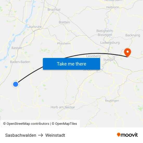 Sasbachwalden to Weinstadt map
