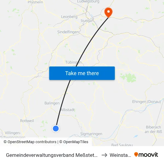 Gemeindeverwaltungsverband Meßstetten to Weinstadt map