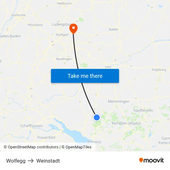 Wolfegg to Weinstadt map