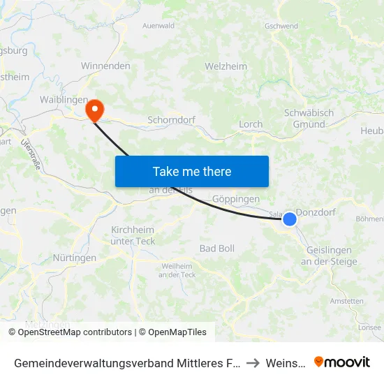 Gemeindeverwaltungsverband Mittleres Fils-Lautertal to Weinstadt map