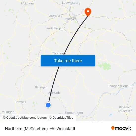 Hartheim (Meßstetten) to Weinstadt map