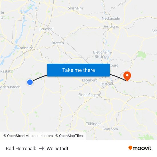 Bad Herrenalb to Weinstadt map