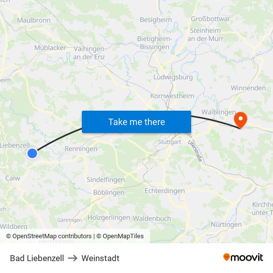 Bad Liebenzell to Weinstadt map