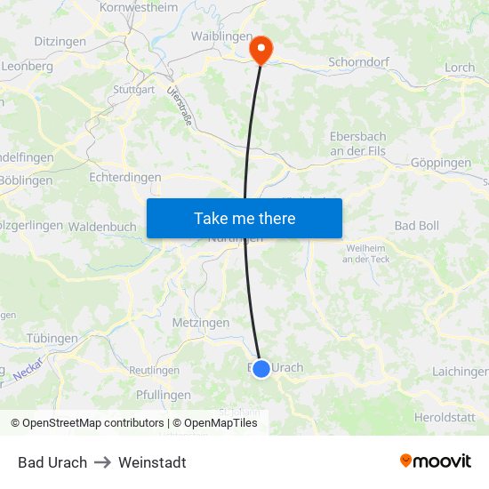 Bad Urach to Weinstadt map