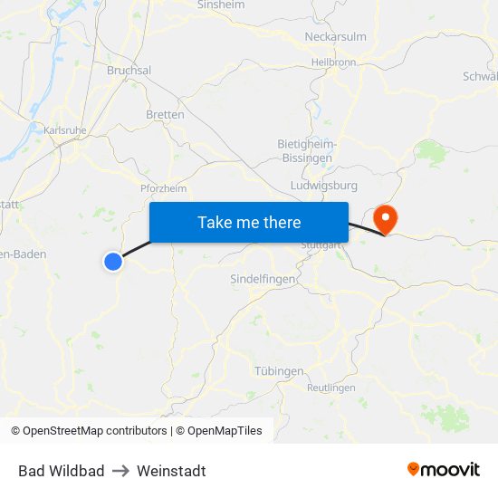 Bad Wildbad to Weinstadt map