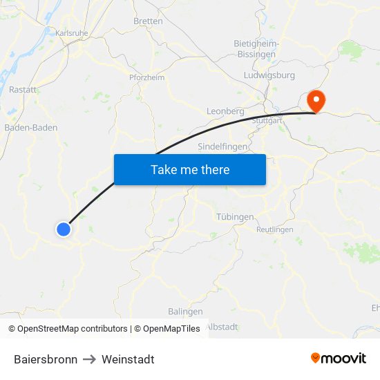 Baiersbronn to Weinstadt map
