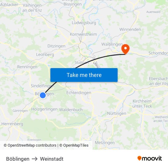 Böblingen to Weinstadt map