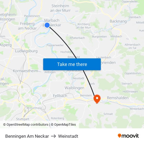 Benningen Am Neckar to Weinstadt map