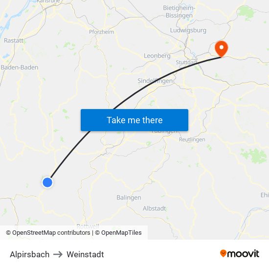 Alpirsbach to Weinstadt map