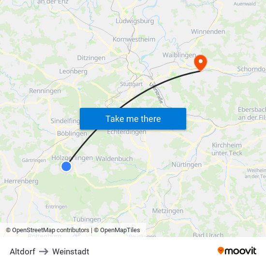 Altdorf to Weinstadt map