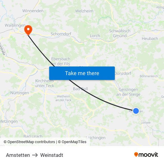 Amstetten to Weinstadt map