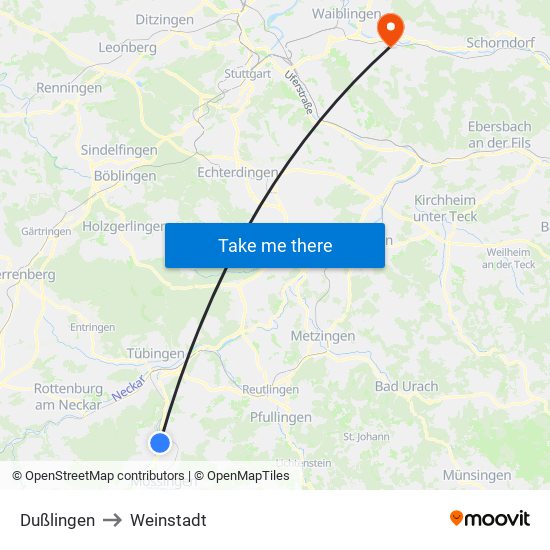 Dußlingen to Weinstadt map