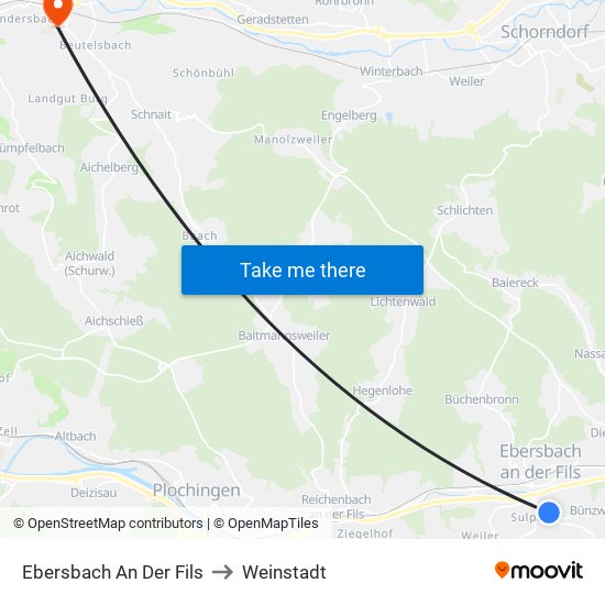 Ebersbach An Der Fils to Weinstadt map