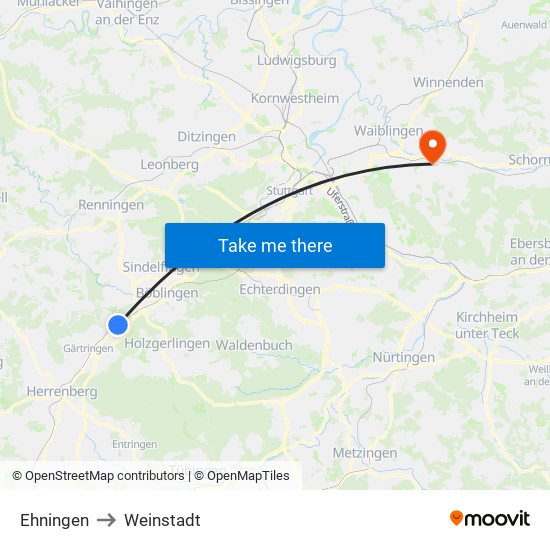 Ehningen to Weinstadt map