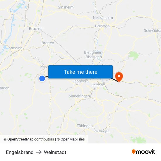 Engelsbrand to Weinstadt map