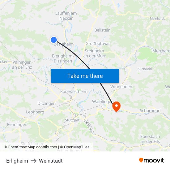 Erligheim to Weinstadt map