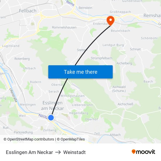 Esslingen Am Neckar to Weinstadt map