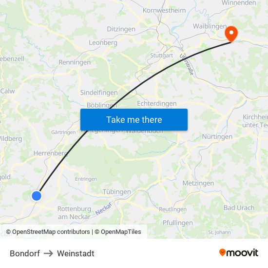 Bondorf to Weinstadt map