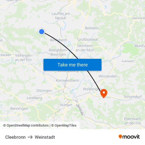 Cleebronn to Weinstadt map