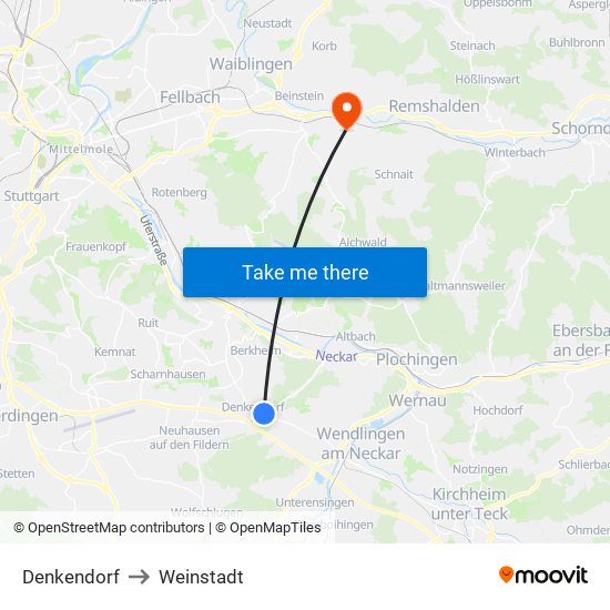 Denkendorf to Weinstadt map