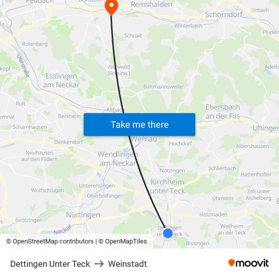 Dettingen Unter Teck to Weinstadt map