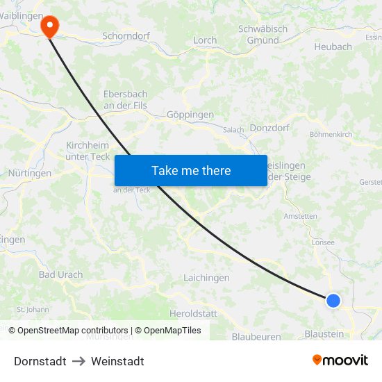 Dornstadt to Weinstadt map