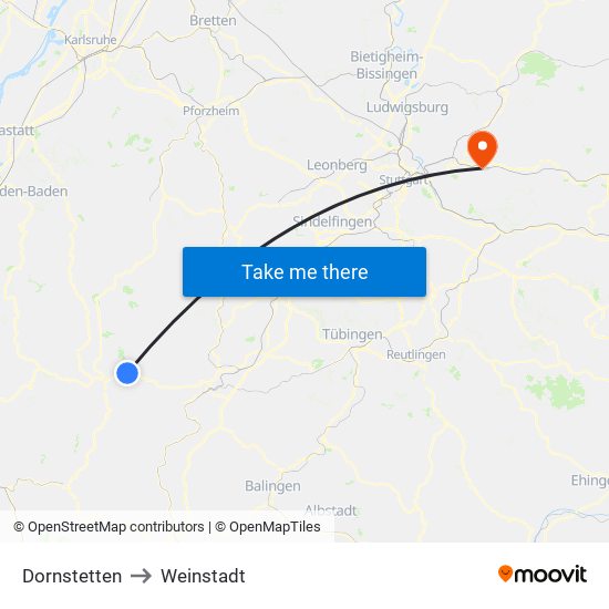 Dornstetten to Weinstadt map