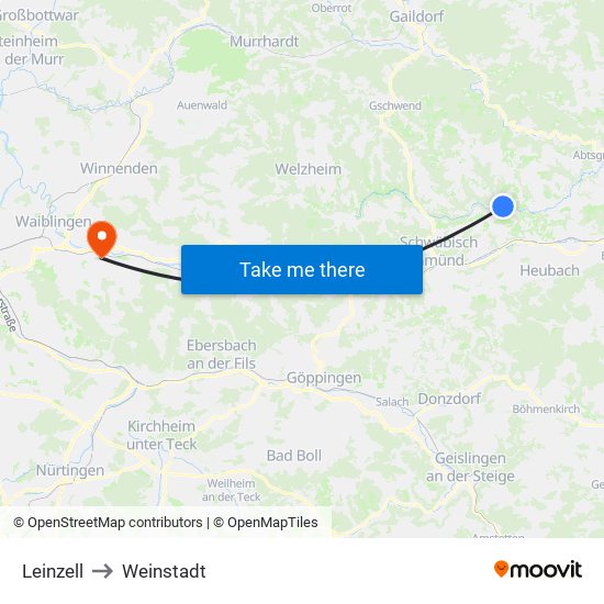 Leinzell to Weinstadt map