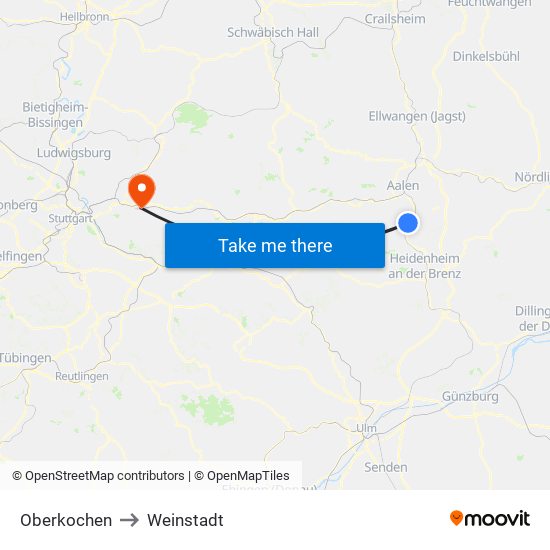 Oberkochen to Weinstadt map