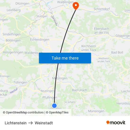 Lichtenstein to Weinstadt map