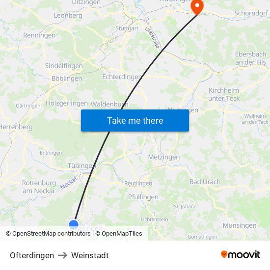 Ofterdingen to Weinstadt map