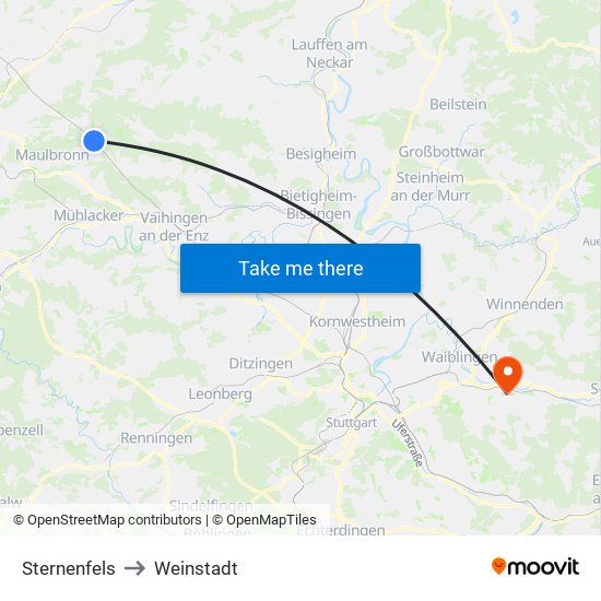 Sternenfels to Weinstadt map