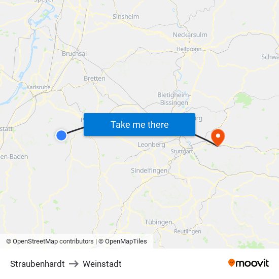 Straubenhardt to Weinstadt map
