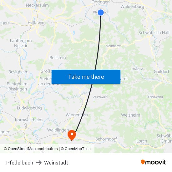 Pfedelbach to Weinstadt map