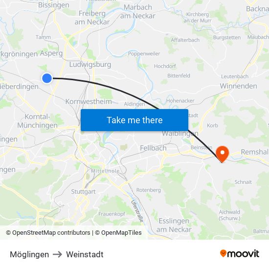 Möglingen to Weinstadt map