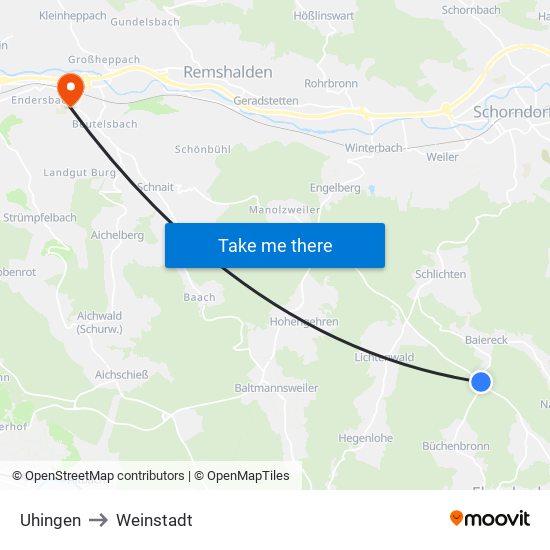 Uhingen to Weinstadt map