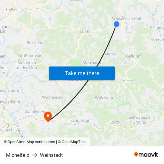 Michelfeld to Weinstadt map