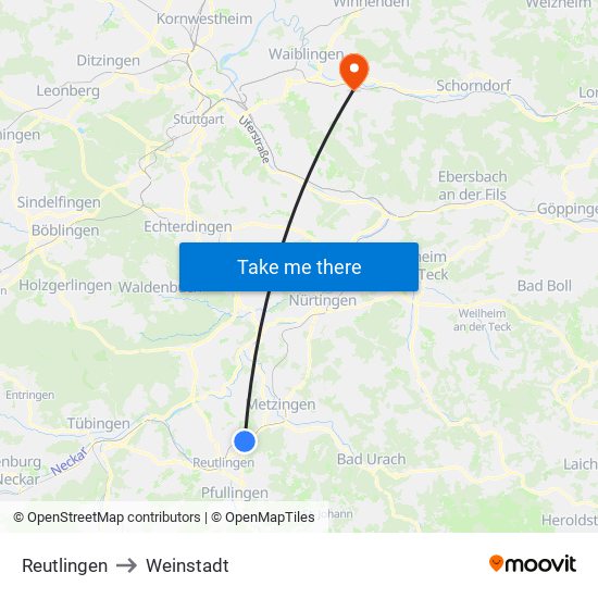 Reutlingen to Weinstadt map