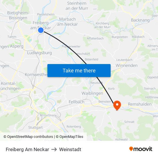 Freiberg Am Neckar to Weinstadt map