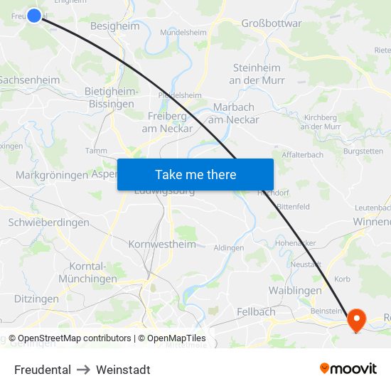 Freudental to Weinstadt map