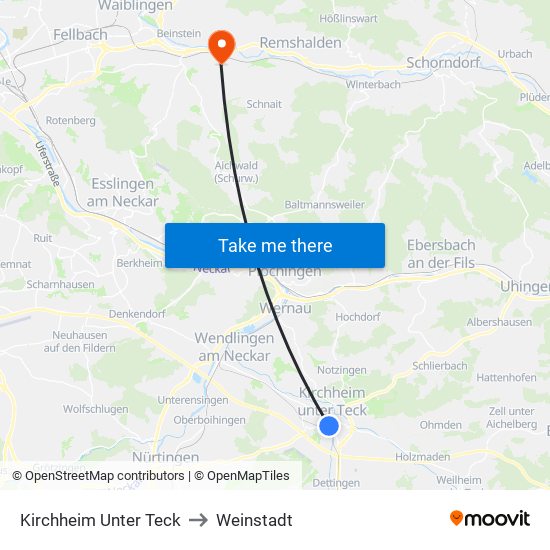 Kirchheim Unter Teck to Weinstadt map