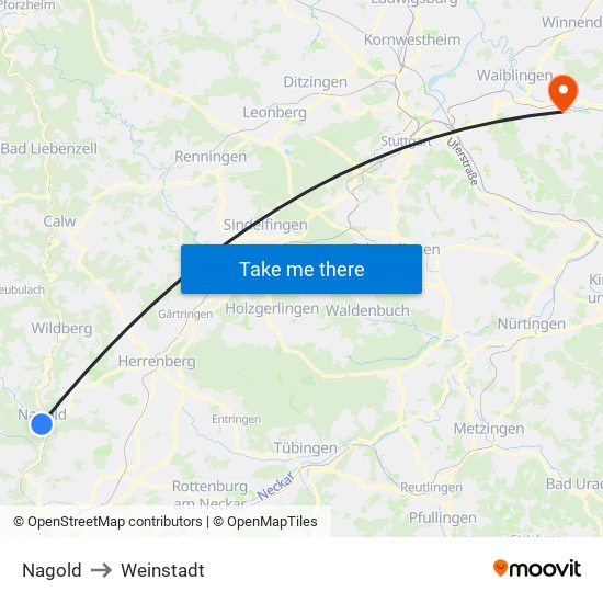 Nagold to Weinstadt map