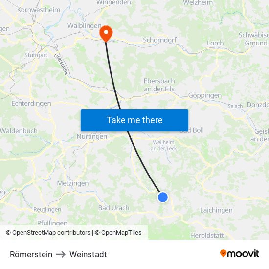 Römerstein to Weinstadt map