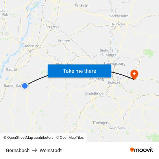 Gernsbach to Weinstadt map