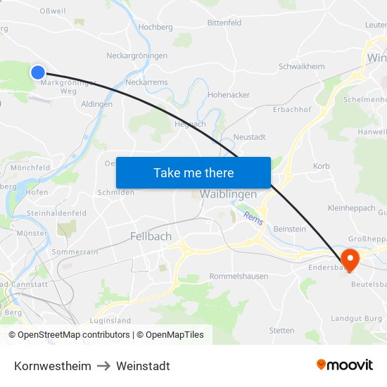 Kornwestheim to Weinstadt map