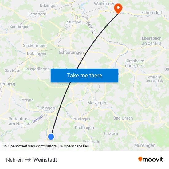 Nehren to Weinstadt map