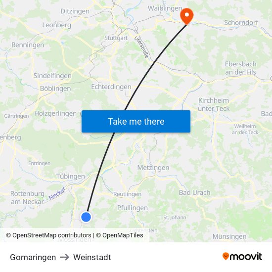 Gomaringen to Weinstadt map