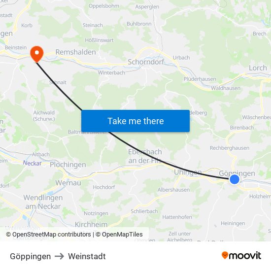 Göppingen to Weinstadt map
