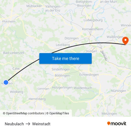 Neubulach to Weinstadt map